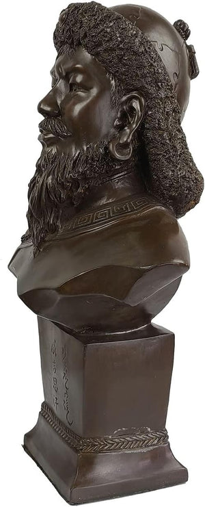 Front angle view of bronze Genghis Khan bust statue showing detailed facial features and beard texture