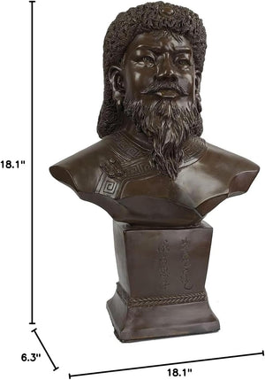 Genghis Khan bronze bust statue size dimension reference chart showing 18.1 x 8.7 x 6.7 inch measurements