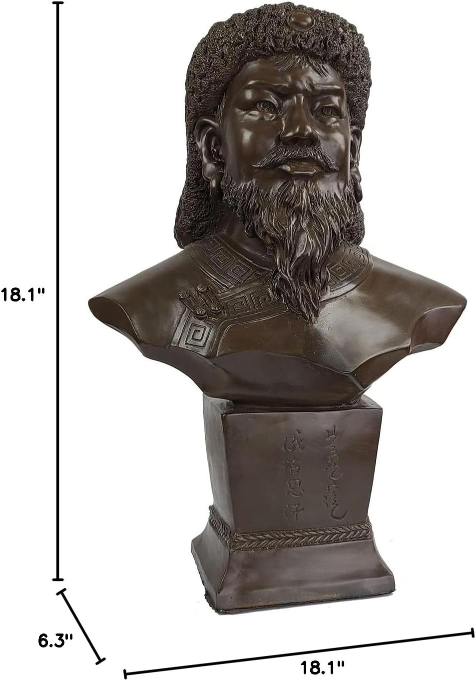 Genghis Khan bronze bust statue size dimension reference chart showing 18.1 x 8.7 x 6.7 inch measurements