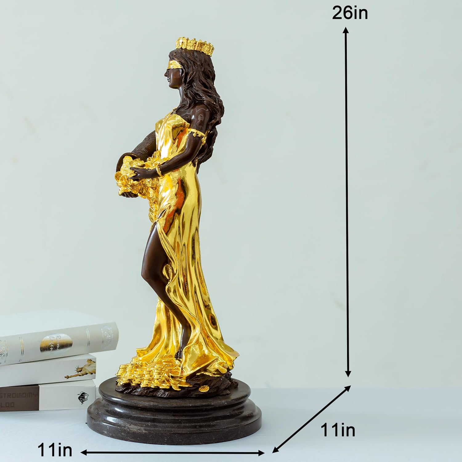 Gilded bronze Fortuna goddess wealth statue size chart 25.2 inch front view dimensions