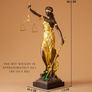 28.3-inch gilded bronze Lady Justice Themis statue with dimensions showing 10.2 x 7.5 inch base and 23.1 lbs weight