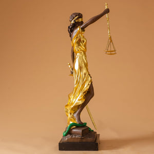 Second back angle view of gilded bronze Lady Justice Themis pure bronze sculpture