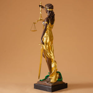 Second front angle view of gilded pure bronze Lady Justice Themis statue showing flowing robe