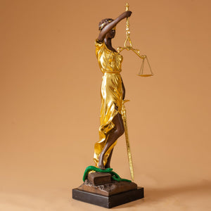 Second front full body view of 28.3-inch gilded bronze Lady Justice Themis statue with scales