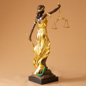 Second side view of gilded bronze Lady Justice Themis handmade sculpture on marble base