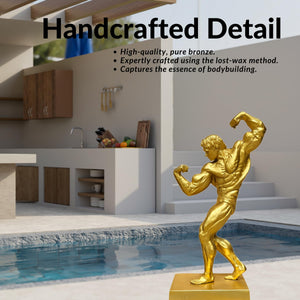 Handcrafted detail of gold finish bodybuilder bronze statue showing precise muscle definition