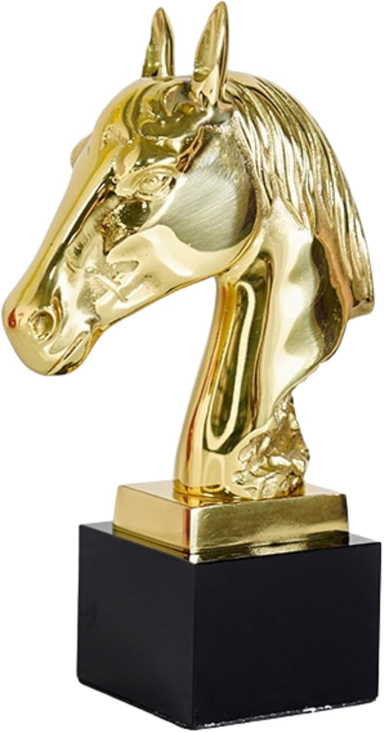 Gold brass horse head bust statue front full body view on white background showing marble base