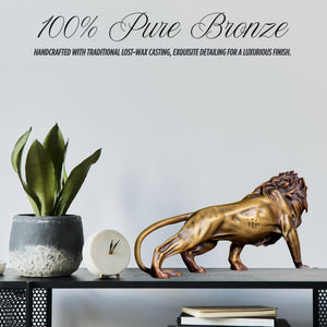 100% pure bronze Lion King sculpture displayed indoors with plant decor in modern interior