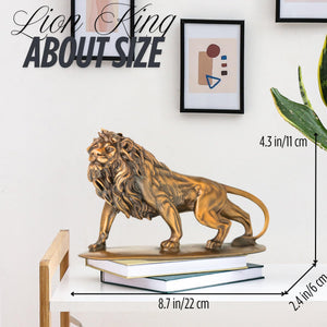 Gold bronze Lion King sculpture about size reference showing 8.6 x 6.2 inch dimension measurements