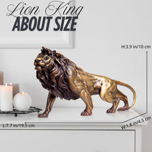 Second size reference view of gold bronze Lion King sculpture showing 8.6 inch length measurement
