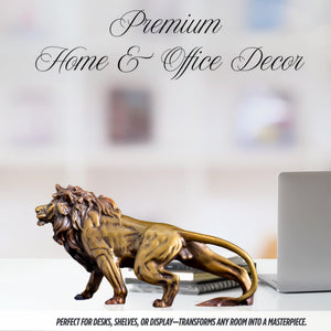 Gold bronze Lion King walking sculpture in premium home and office decor modern interior setting