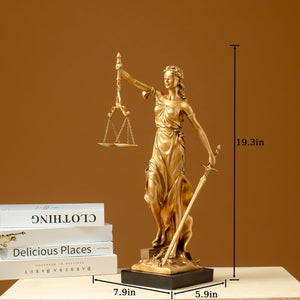 Gold Lady Justice Themis statue side view with size dimension reference labels showing 19.3 inch height
