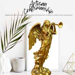 Golden brass angel trumpet statue artisan craftsmanship close up wing detail