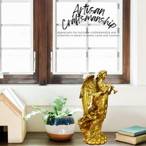 Golden brass angel trumpet statue style 2 artisan craftsmanship window natural light display
