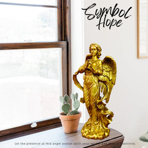 Golden brass angel trumpet statue style 2 artisan craftsmanship window natural light display