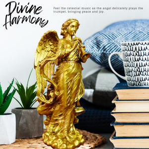 Golden brass angel trumpet statue style 2 divine harmony books stack interior display