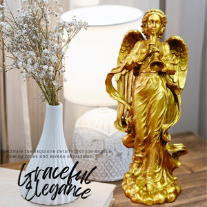 Golden brass angel trumpet statue style 2 graceful elegance display beside vase