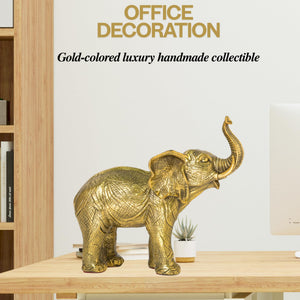 Golden brass elephant statue decor and gift feature card highlighting handcrafted wildlife art details