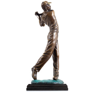 Grand bronze male golfer statue backswing pose front view black marble base