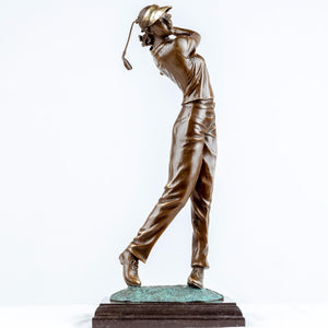 Grand museum quality bronze male golfer statue full swing pose full view white background