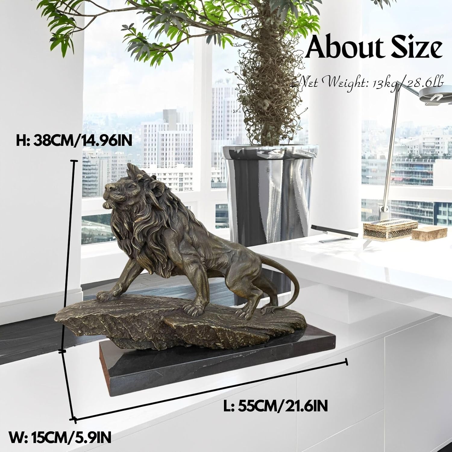 Grand bronze lion statue size dimension reference chart showing 21.6 x 14 x 10.2 inch measurements