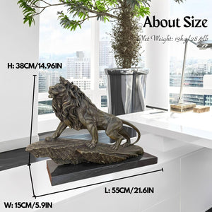 Grand bronze lion statue size dimension reference chart showing 21.6 x 14 x 10.2 inch measurements