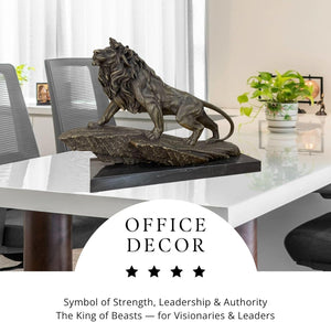 Grand bronze lion statue on marble base displayed as luxury executive office decor side view