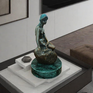 Little mermaid bronze sculpture green marble base desk close up detail craftsmanship