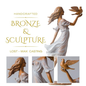 Lost wax bronze sculpture label detail Luo Li Rong lady holding bird casting quality