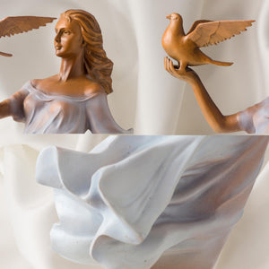 Luo Li Rong style bronze lady holding bird statue full view elegant interior display