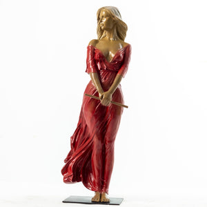 Luo Li Rong silk dancer bronze woman statue red flowing silk dress full view