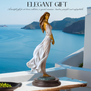 Luo Li Rong silk dancer bronze statue white dress marble base elegant gift coastal ocean background