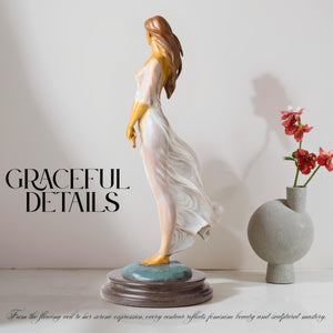 Luo Li Rong silk dancer bronze statue white dress marble base graceful details beside decorative vase
