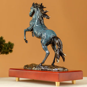 Second angle view of azure blue rearing horse bronze sculpture showing dynamic pose