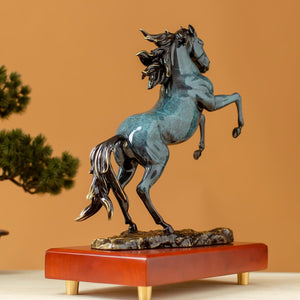 Second front view of azure blue rearing horse bronze sculpture on wood base