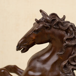 Close-up front detail of bronze rearing stallion sculpture head showing flowing mane texture