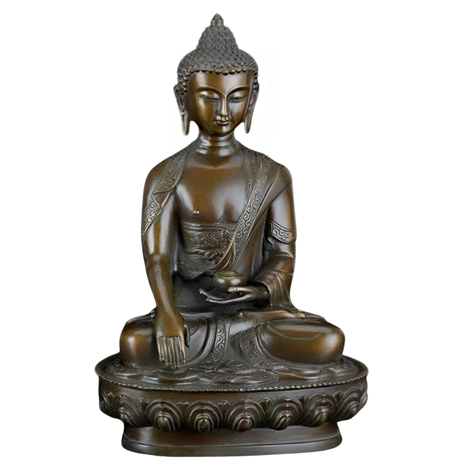 Medicine Buddha purple copper statue on dark background highlighting bronze patina and craftsmanship
