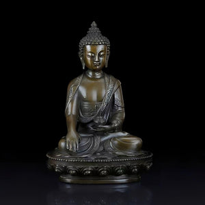Medicine Buddha copper statue about size chart on dark background showing 16cm and 21cm dimensions