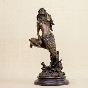 Mermaid and dolphin bronze sculpture dark brown patina side full view natural marble base