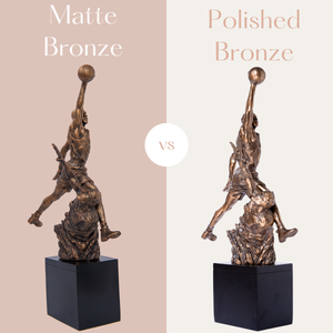 Michael Jordan dunk statue comparison showing matte bronze vs polished glossy bronze finish