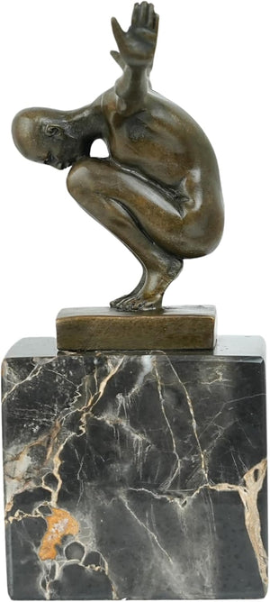 Left angle view of Milo signed bronze diver sculpture on natural black marble base