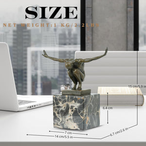 Bronze diver statue size chart showing 15cm height and 1kg weight on marble base