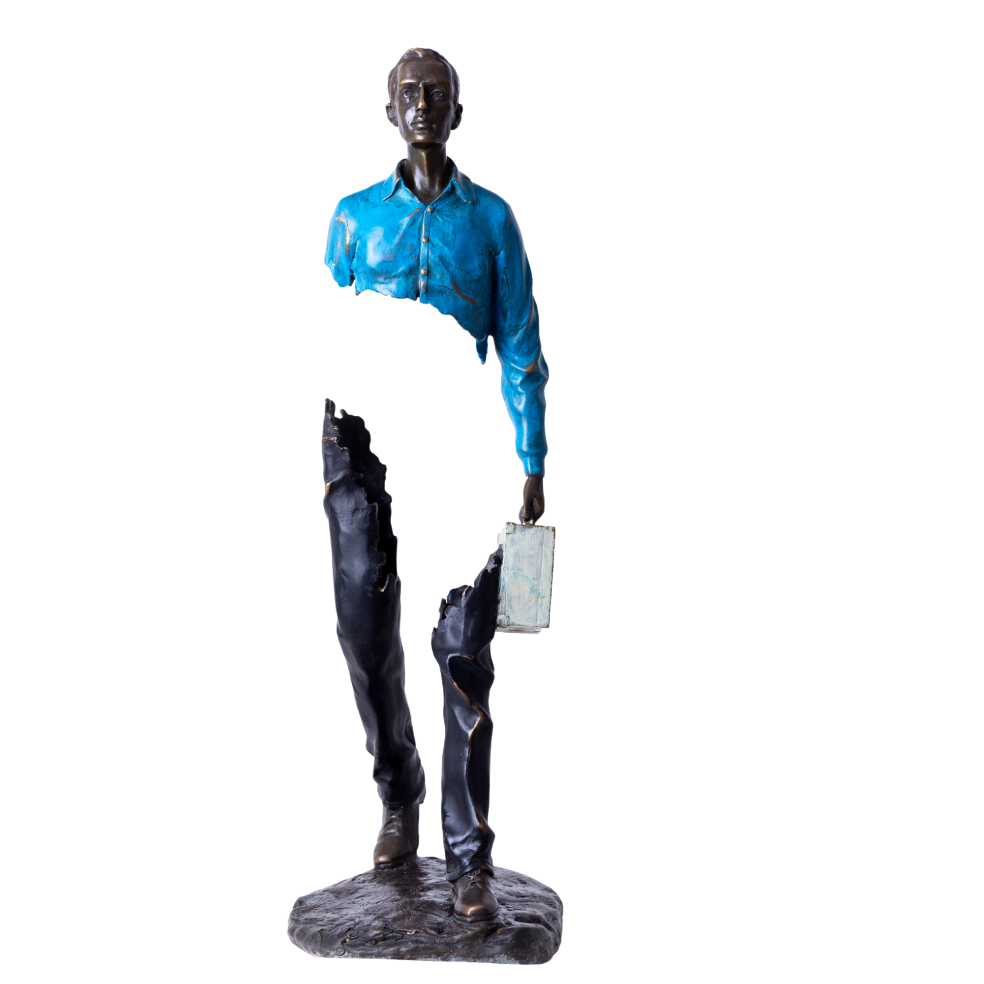 Modern traveler bronze sculpture featuring a bright blue jacket and surrealist design.