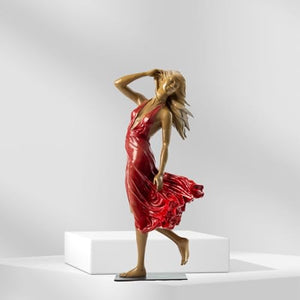 Neoclassical bronze wind dancer woman red flowing dress on white pedestal display