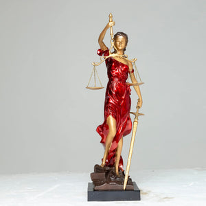 19.3-inch red Lady Justice Themis statue front full body view on white background showing scales and sword