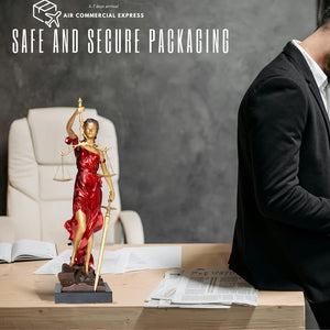 Red Lady Justice Themis statue with safe and secure packaging display on brown background