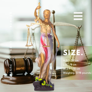 Red Lady Justice Themis statue size reference showing 11 inch height and base dimensions