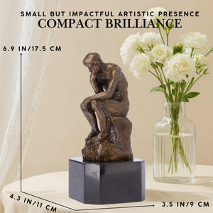 Rodin The Thinker bronze statue size feature card showing compact dimensions beside flower vase