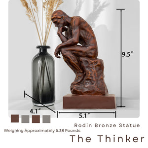 Rodin The Thinker classical bronze statue size chart showing 9.5 inch height and weight specifications on desk