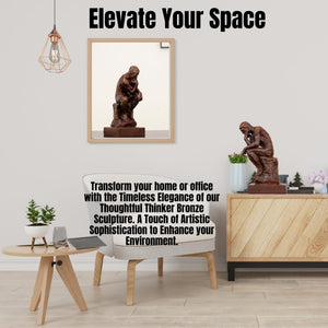 Rodin The Thinker classical bronze statue elevate your space feature displayed on shelf beside framed wall art